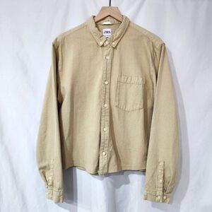 Zara Women's Upcycled Crop Button Down Size XL Tan‎ Canvas Scandi Minimalist